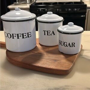 White Enamel Coffee, Tea & Sugar Canister Set - Classic Kitchen Storage